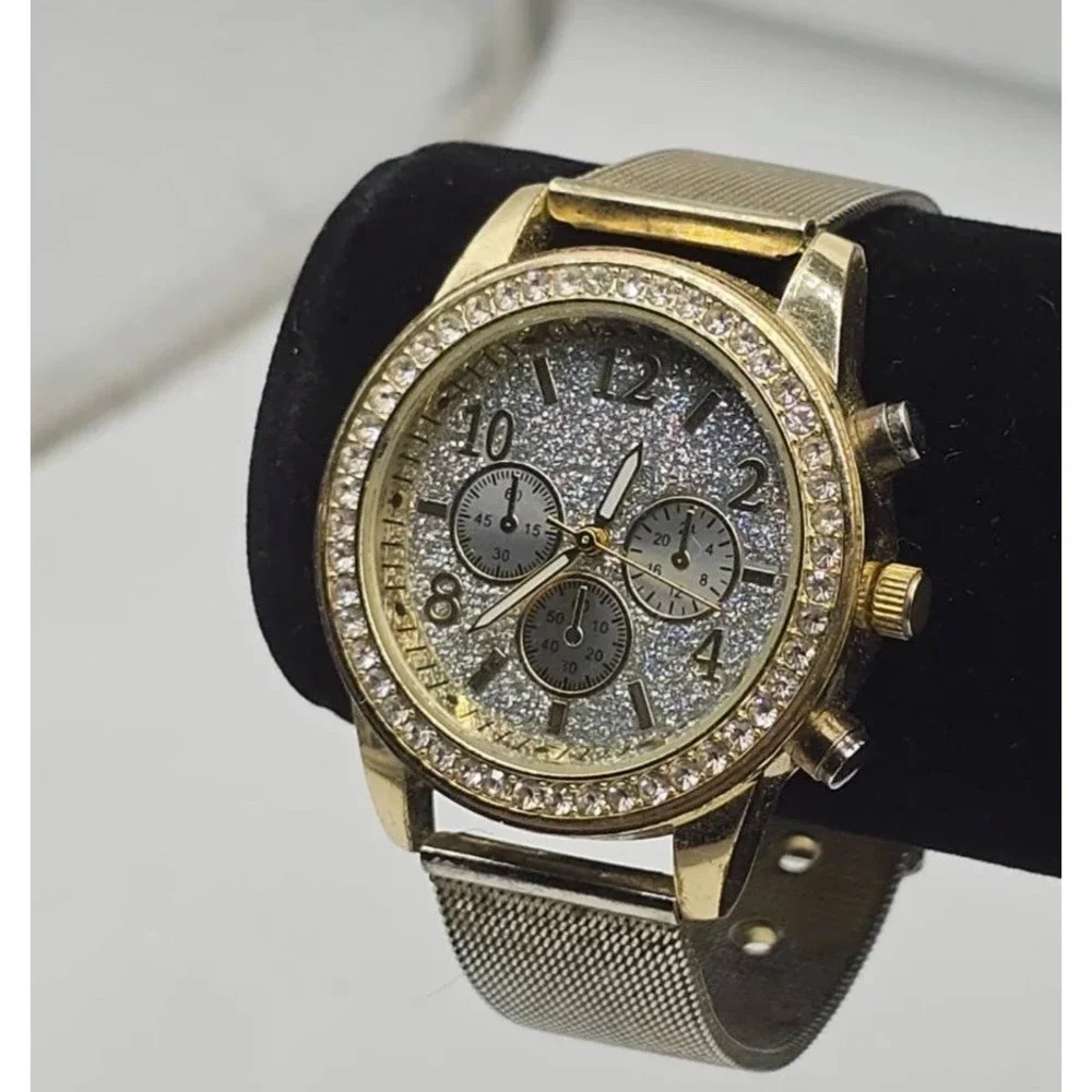 Gold Tone Ladies Watch Triple Sub Glitter Dial Crystal Bezel Mesh Band *C-photos